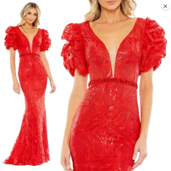 MAC DUGGAL 12421 EMBELLISHED PUFF SLEEVE PLUNGE NECK TRUMEPT RED GOWN sz 8 - Picture 4 of 5